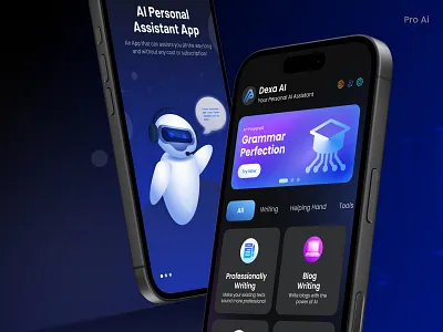 Pro AI - AI-Powered Personal Assistant for Seamless Workflow ai ai app ui ai assistant ai chat ai tech ai tool app artificial intelligence blue chatbot ui chatgpt design interactive design mobile app ui modern ui netro netrosystems pro ai product software agency
