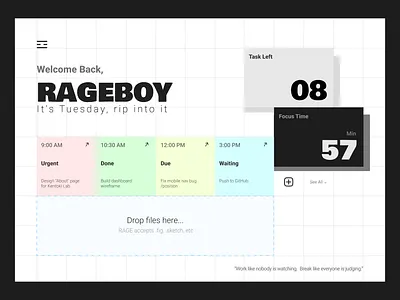 RAGE DASHBOARD-A brutalist personal dashboard for digital rebel brutal dashboard dailynote dailysnap dailytask dailytaskcompanion dashboard designershotinspiration desktoptask digitalnotes mypersonalnote notetracker personalinspiration saasapp stickynotes tasktracker uploadfile webapp