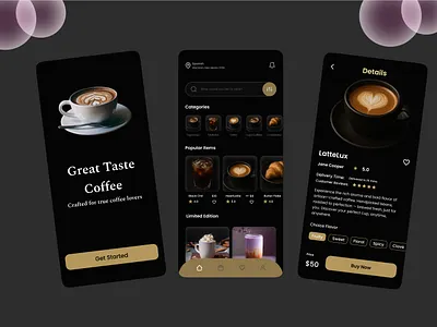 Dark Aesthetic Coffee App – Premium Mobile UI Design branding clean ui coffee app design figma finance app goal tracker personal finance ui ui design userexperience visualdesign