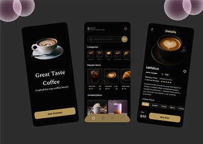 Dark Aesthetic Coffee App – Premium Mobile UI Design branding clean ui coffee app design figma finance app goal tracker personal finance ui ui design userexperience visualdesign