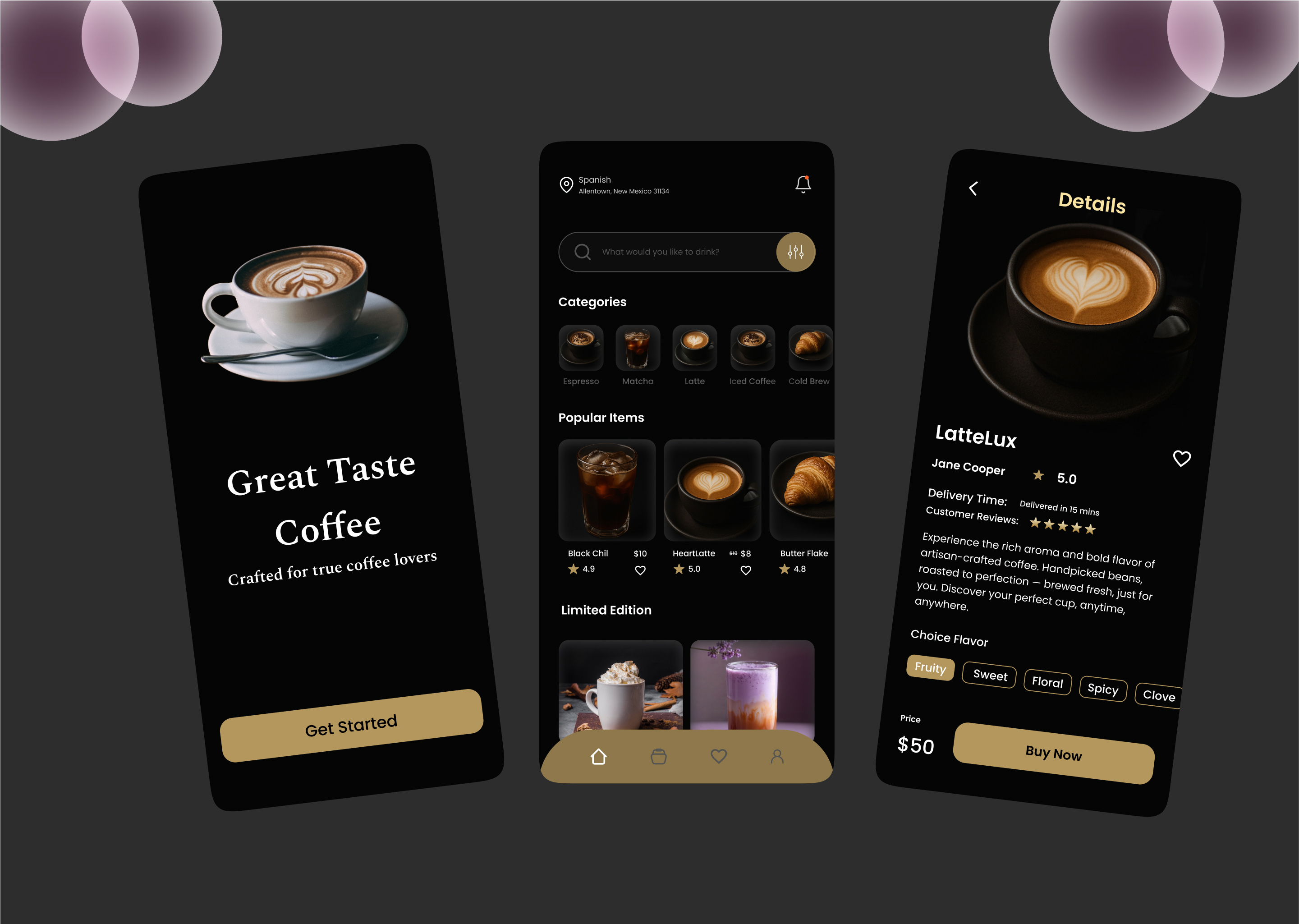 Example of Coffee App UI – Elegant Dark Mode