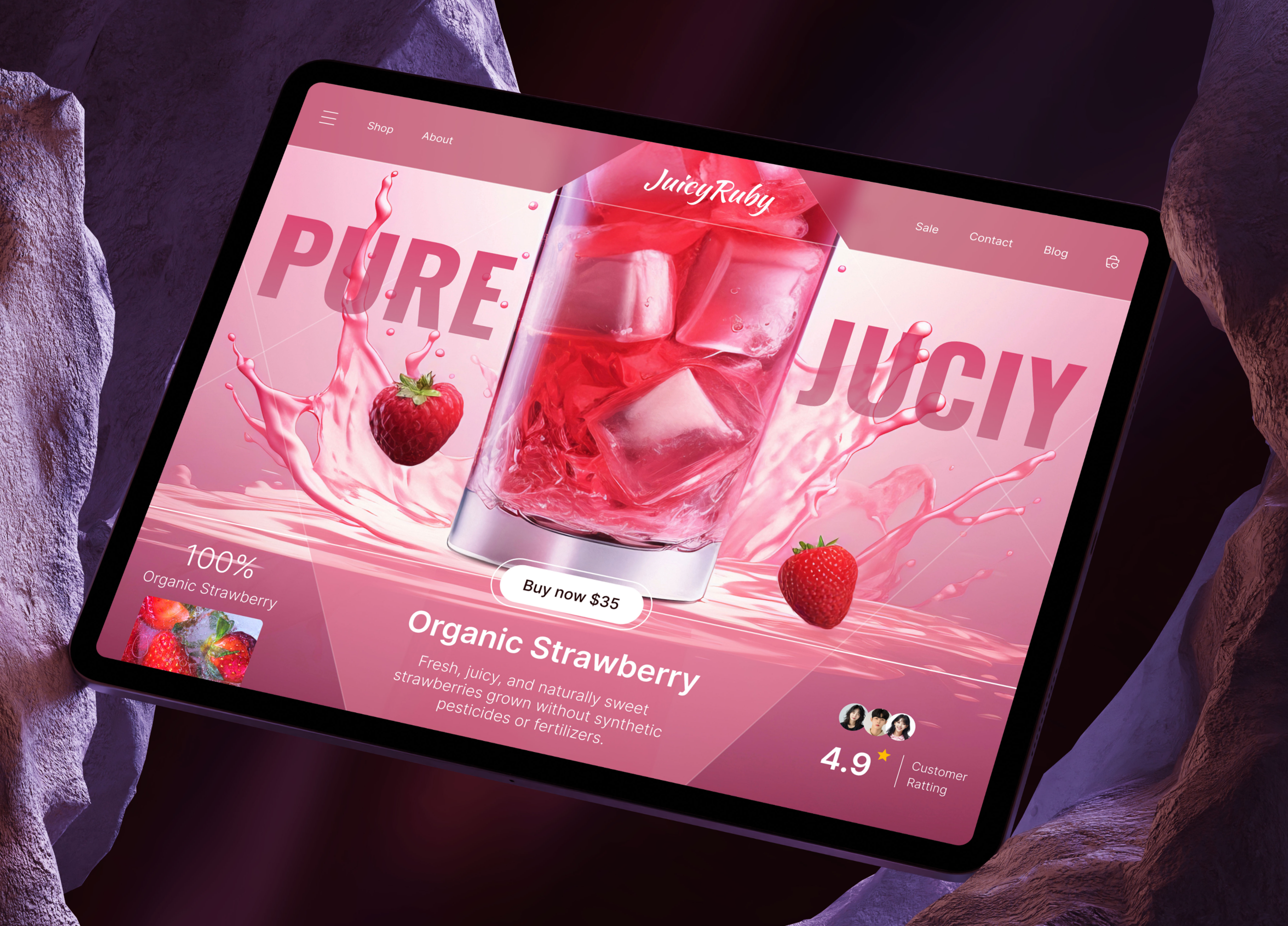 Juicy Ruby – Organic Strawberry Drink Landing Page beveragedesign cleanui creativedirection drinkslandingpage ecommerceui figmadesign foodanddrinkui healthylifestyleui juicebranding landingpage minimaldesign modernui organicproductdesign productpage shoppagedesign strawberryjuice uidesign uiinspiration uxdesign webdesign