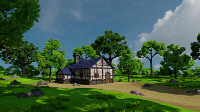 Medieval House 2 With Environment 3D model 3d 3dmodel art blender3d bush cgi environment exterior flower forest game grass house landscape lowpoly medieval render rock