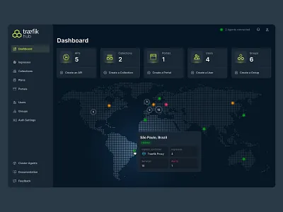 Dashboard with Map api dark dashboard design digital grid interface management map points product saas traefik ui ux