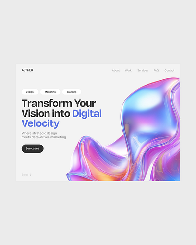 Aether | Digital Agency Landing Page Hero 3d agency animation branding design designconcept figma freelance interface landing marketing minimalism motion graphics studio ui uiux web webdesign website