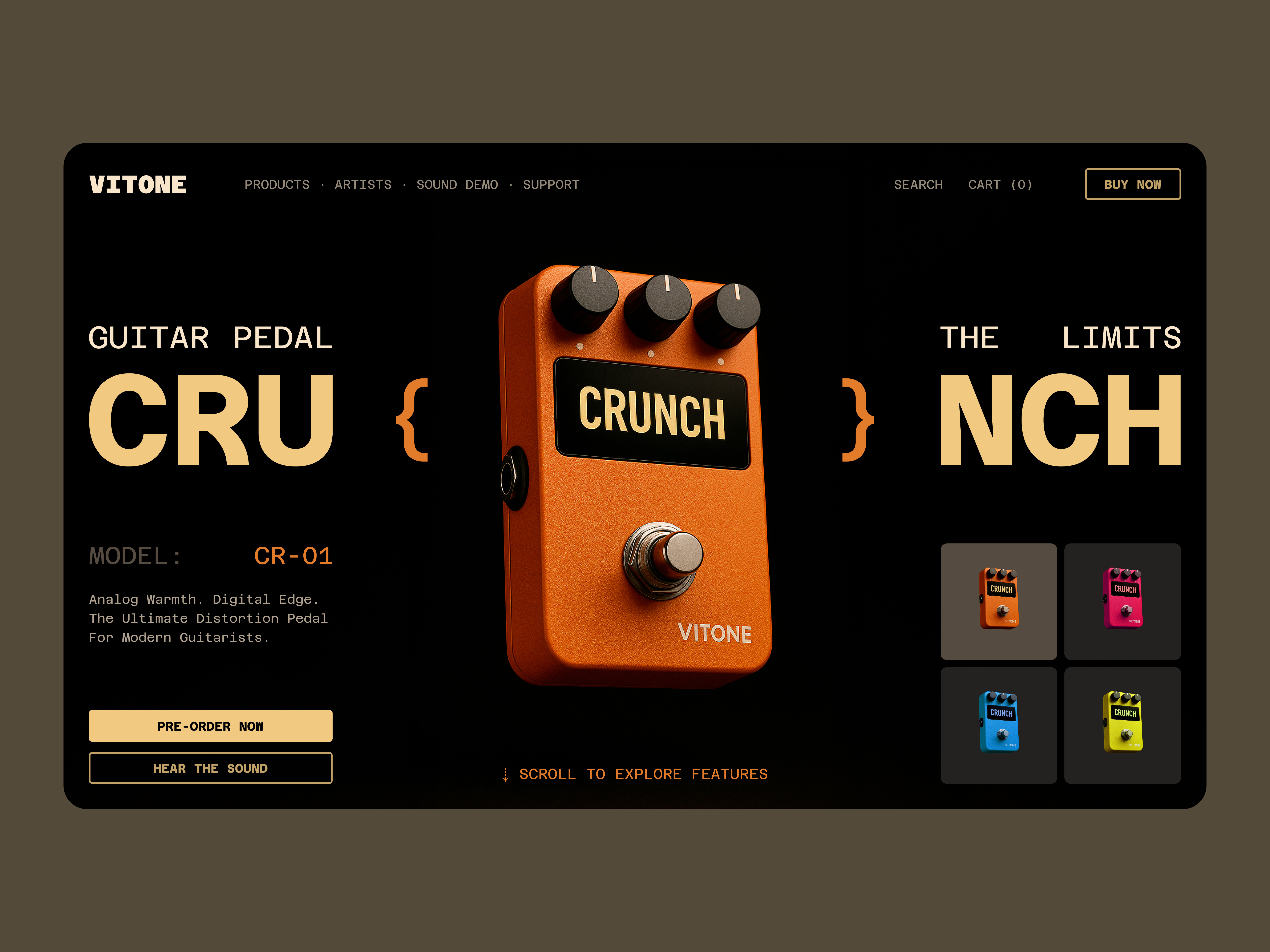 CRUNCH Guitar Pedal — UX/UI Web Design for Audio Product audio product creative ui dark theme ecommerce guitar guitar pedal hero section interaction design interface design landing page modern ui music gear product page sound design typography ui layout ux ui visual design web design website design