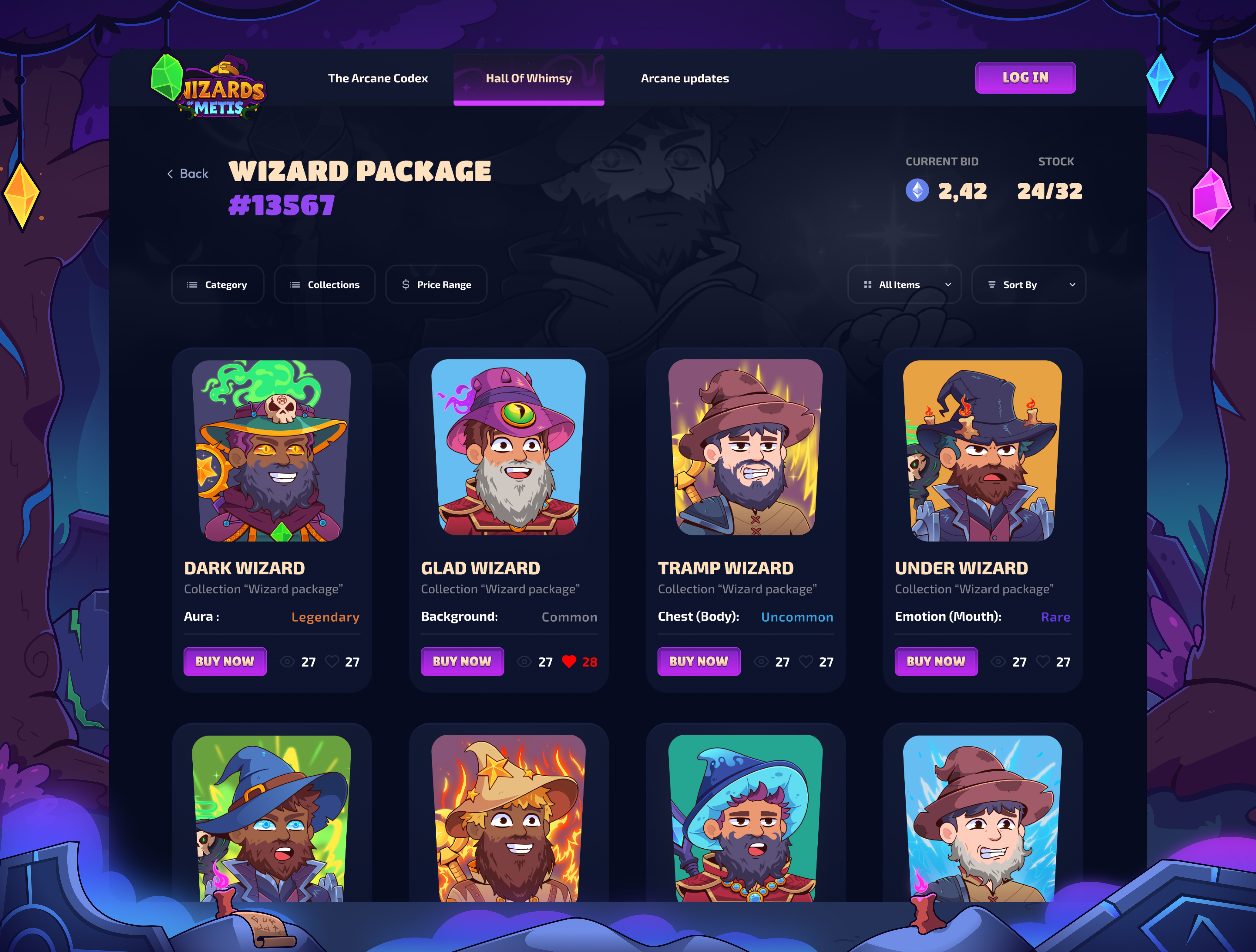 Wizards of Metis: Gallery NFT page blockchain cards cartoon crypto cryptocurrency dark interface gallery gambling nft nft landing page token ui uiux ux web web 3.0 web design website wizard