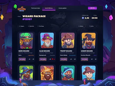 Wizards of Metis: Gallery NFT page blockchain cards cartoon crypto cryptocurrency dark interface gallery gambling nft nft landing page token ui uiux ux web web 3.0 web design website wizard
