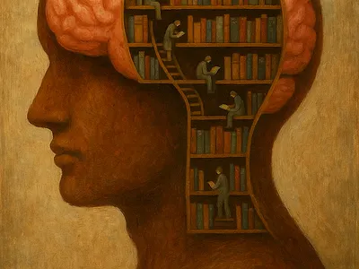 Brain-library with miniature figures ai artstyle brain library oliart
