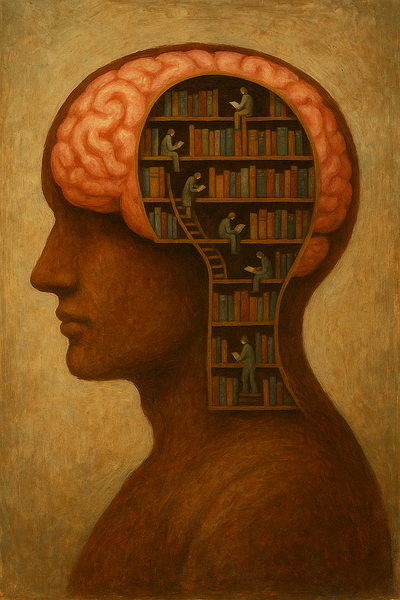 Brain-library with miniature figures ai artstyle brain library oliart