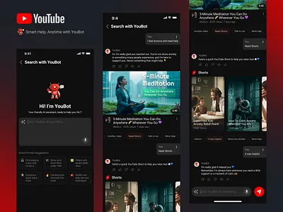 YouBot – Your AI Companion for Smart Video Help ai ai tech aiux app feature casestudy chat creative ui dribble mentalwellness productdesign ui uidesign ux uxcasestudy uxresearch youtube youtube ai youtube credit youtube videos
