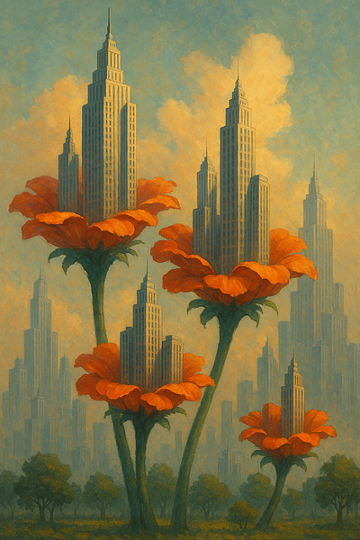 Flower skyscrapers in the sunset light ai flower inthefuture psychoart scyscapers