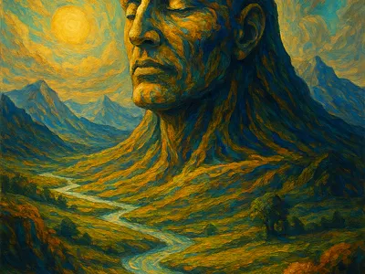 Mountain face with rivers and clouds ai animation face mountain river ui