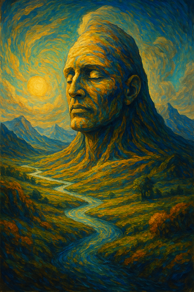 Mountain face with rivers and clouds ai animation face mountain river ui