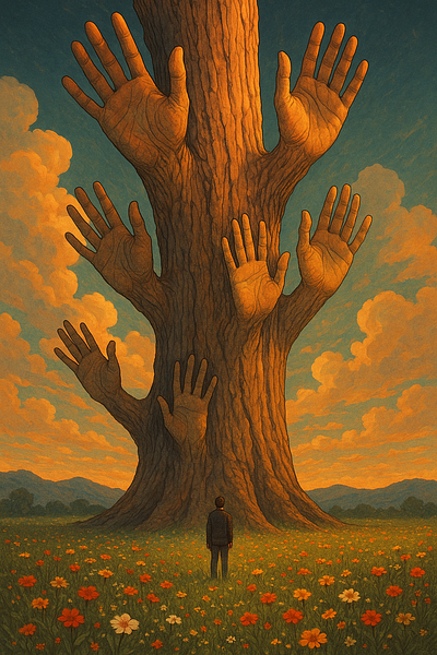 A tree with hands in the flowers of the fields handandflower psychoartthree sun threewithhands