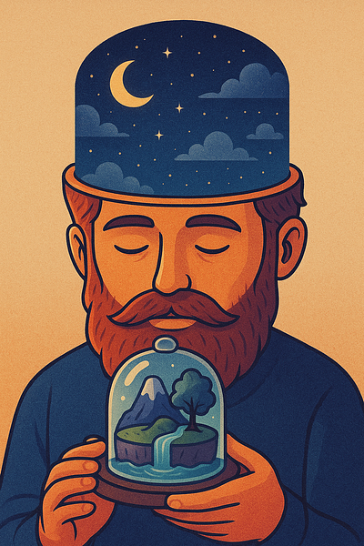 An island in the head under a glass cap 3d glasscap glassword graphic design logo manandglaasd