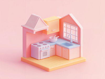 3D Mini Kitchen Design | Soft 3D Pastel Interior Design 3d 3d art 3d artist 3d design 3d house 3d icon 3d kitchen 3d object 3d rendering cute cute style dribbble artist pastel pastel colors soft style
