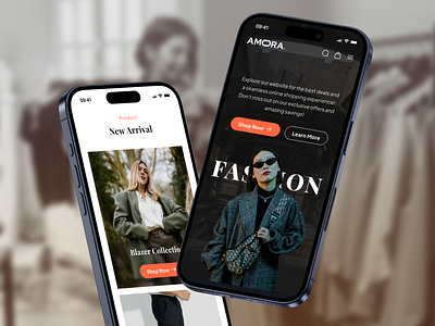 Amora - Fashion Ecommerce Landing Page Kit in Mockup animation app apparel clean clothing design e commerce fashion framer ios marketplace mobile online shop responsive shopping template ui kit ux web design website