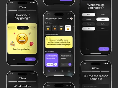 Fern: Self Tracker App app dark mode design figma gradient mobile app mobile design mobile ui self care self tracker tracker ui uiux uiux design ux