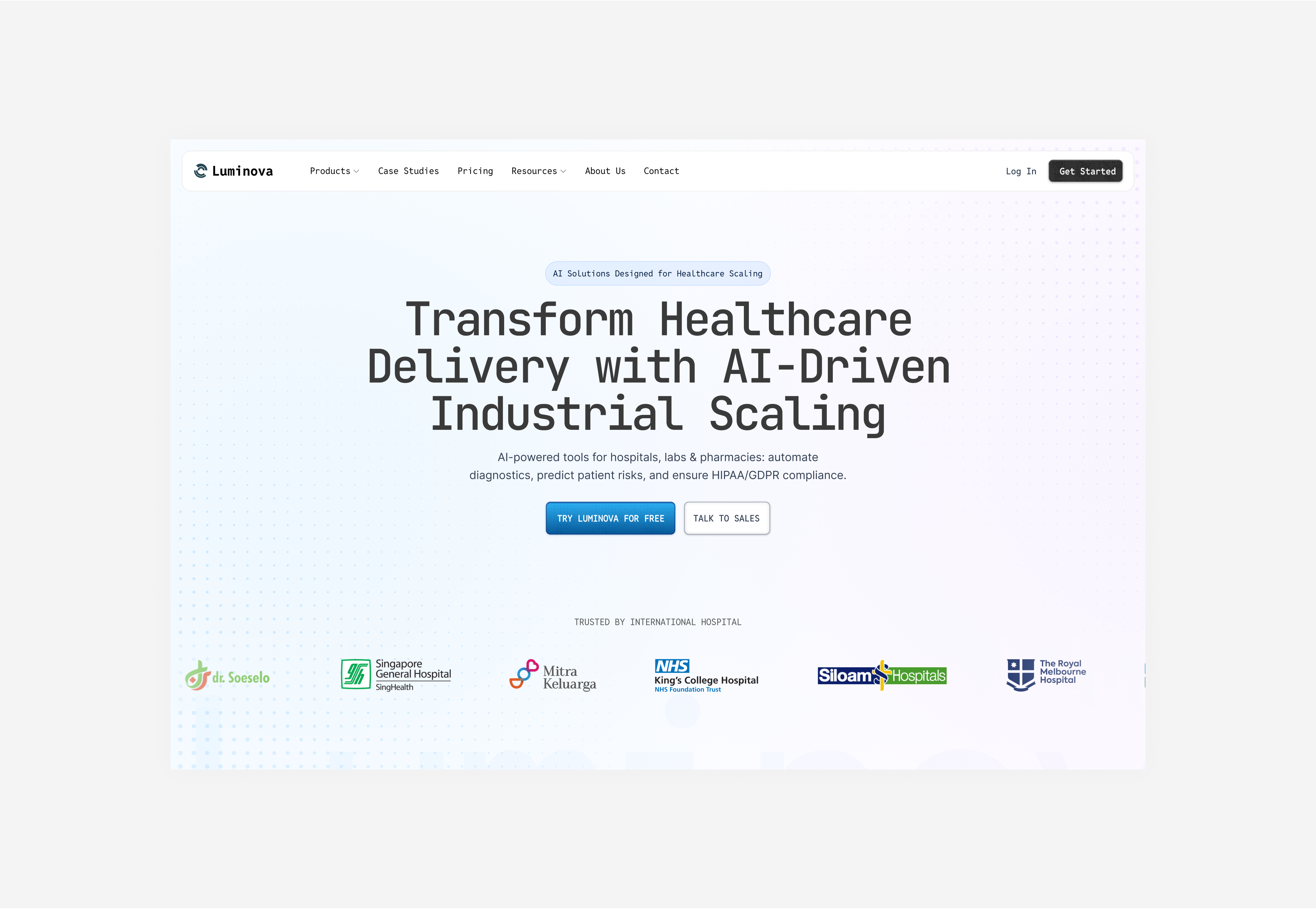Luminova - SaaS Healthcare Landing Page ai clean design digital health healthcare landing page minimal modern design product design saas ui uidesign ux uxdesign web design webdesign webui