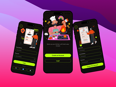 Recipe Login UI – Dark & Playful Twist app concept colorful ui cooking app creative ui dark mode design dark ui concept dribbble design food app ui login screen mobile app mobile ui modern design neon ui onboarding screens playful design recipe app signup screen ui trends 2025 uiux user interface