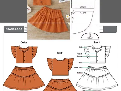 Girls top with skirt girlswear technical drawing
