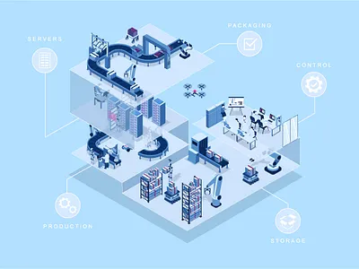 Automated Factory Isometric Concept 3d ai arm automated character concept factory flat graphic design illustration industry isometric isometry landing page people robotic vector web website