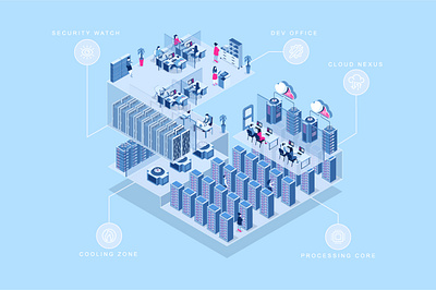 Data Center Isometric Concept 3d center concept data datacenter flat graphic design hosting illustration isometric isometry landing nexus page people room server vector web website