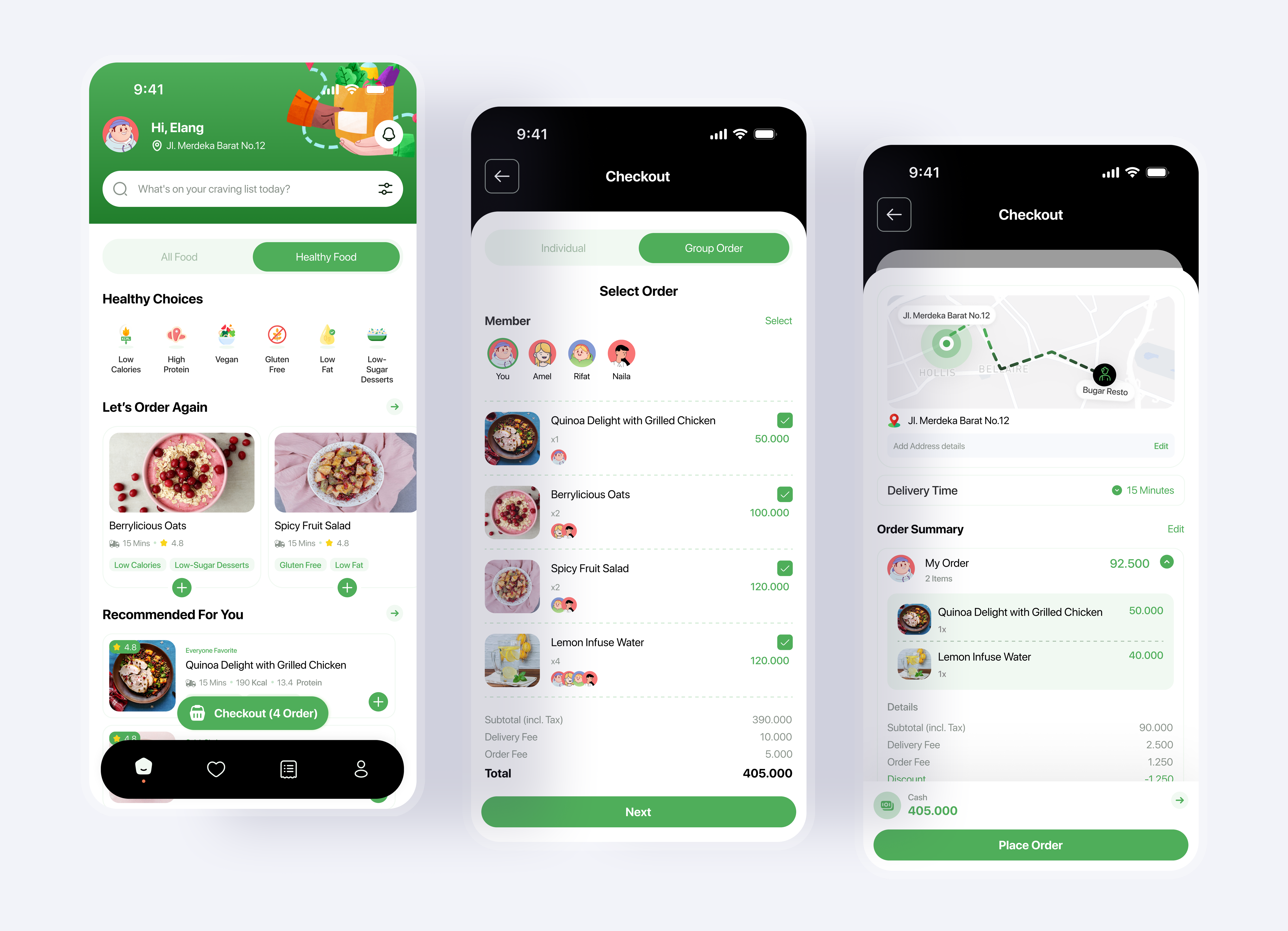 Food Delivery Mobile App - Group Order UI Design Concept android app app ui clean design design food delivery app food tech group order app healthy food app illustration ios app mobile app design mobile design modern ui priority delivery split bill ui ui case study ui design uiux ux design