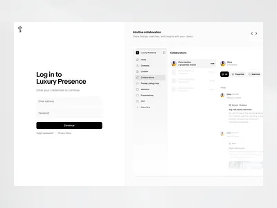 Luxury Presence | Log in 1 carousel clean create account design system login luxury presence modern onboarding productdesign real estate agents real estate saas saas saas design signup ui uxui web app