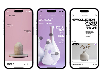 LuxVases - Mobile App Concept 3d collection concept craft creative decor ecommerce elegant fineart inspiration interior luxury mobile modern playing purchase typography ui ux vases