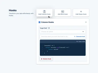 Transform your data with Hooks configuration data design dromo dropdwon hooks icons importer interface light panel saas transform ui ux
