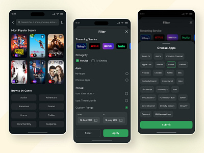 Search with Filter! activity bottom sheet browse by genre category custom range dark theme design filter mobile app most popular movies overlay search streaming service ui ux strategy