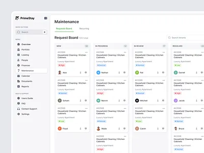 Property Management App - Maintenance Request cleanui dashboard dashboarddesign design figma graphic design interactiondesign interfacedesign kanbanboard maintenance maintenanceapp productdesign propertymanagement rental taskmanagement ui uidesign uxui web app webappdesign