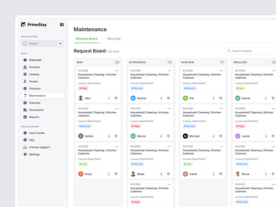 Property Management App - Maintenance Request cleanui dashboard dashboarddesign design figma graphic design interactiondesign interfacedesign kanbanboard maintenance maintenanceapp productdesign propertymanagement rental taskmanagement ui uidesign uxui web app webappdesign