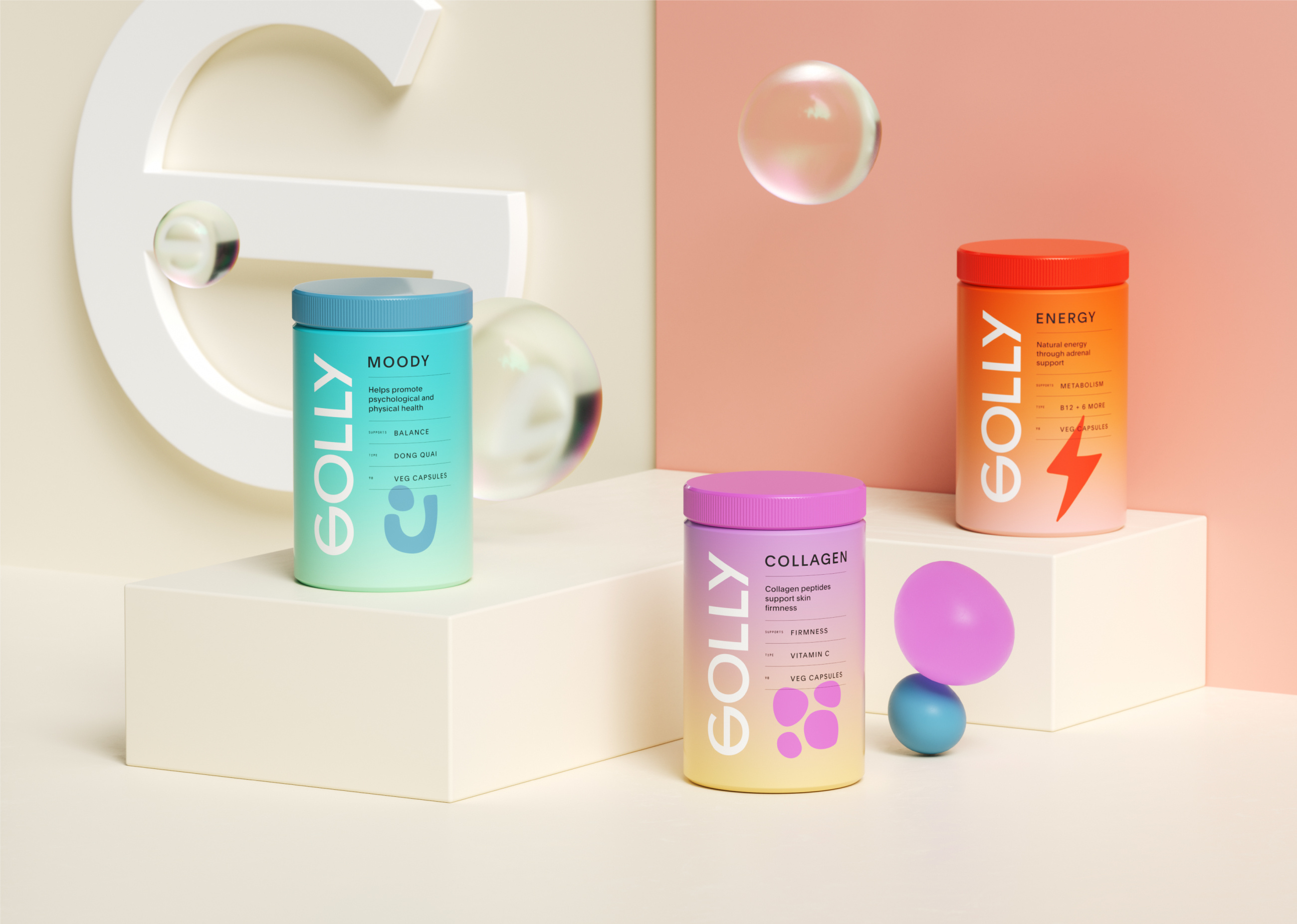 Golly Branding and Packaging Design - Supplement 3d brand identity branding cbd collage colors emblem energy drink health icons illustration label logo packaging supplement ui vitamin wellness