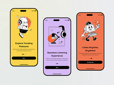 Podcast App Onboarding UI app design app onboarding clean design colorful ui creative onboarding design graphic design illustration design mobile app mobile ui modern ui onboarding screens onboarding ui podcast app podcast app onboarding ui podcast ui ui