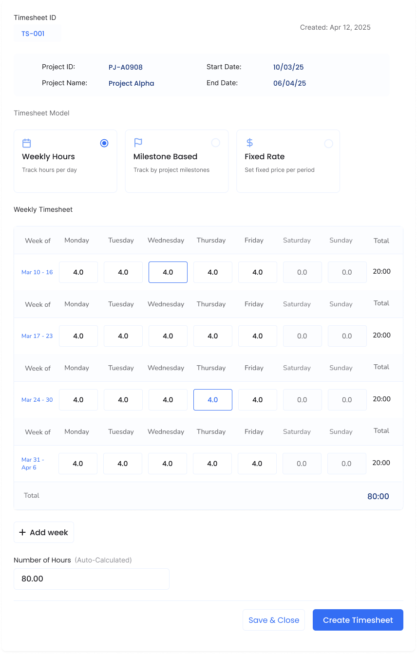 Flexible Timesheet UI: Weekly, Milestone, or Hourly by Amulya Jonnala ...
