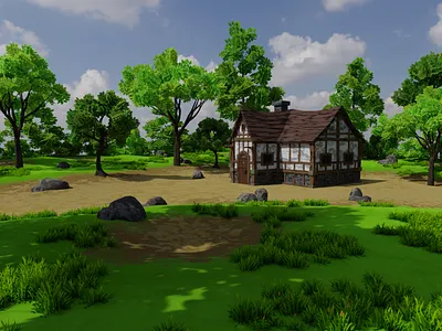Medieval House 3 With Environment 3D model 3d 3dart 3dmodel art blender3d bush environment exterior flower forest grass house landscape lowpoly medieval nature render rocks tree