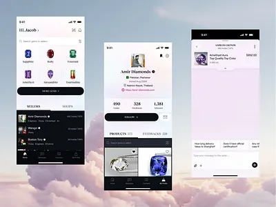 Gemstones marketplace. E-commerce. chat e commerce gemstones home screen jewelry marketplace mobile app product design ui
