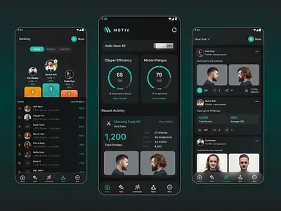 MOTIV – The Smart Companion App for Pro Barbers app barbers beauty body booking customers dark theme design haircut iot device leaderboard massage mobile parler ranking schedule skin care spa service ui ux