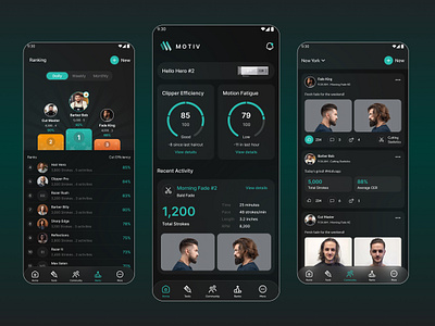 MOTIV – The Smart Companion App for Pro Barbers app barbers beauty body booking customers dark theme design haircut iot device leaderboard massage mobile parler ranking schedule skin care spa service ui ux