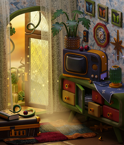 Golden hour 3d animation art deco blender cartoon inspiration interior isometric lighting render retro room summer
