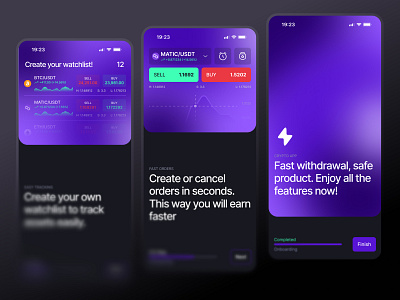 Crypto App | Mobile App UI for Onboarding & Fast Trading app ui bitcoin blockchain crypto ui cryptocurrency dark mobile dark theme ui dark ui exchange finance app fintech fintech mobile flow ui mobile app mobile application onboarding trading ui ui design ux design