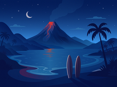 Volcanic mountain 🌋 adobeillustrator blue colors design illustration illustrator mountain nature night palms red river sea surf vector volcano