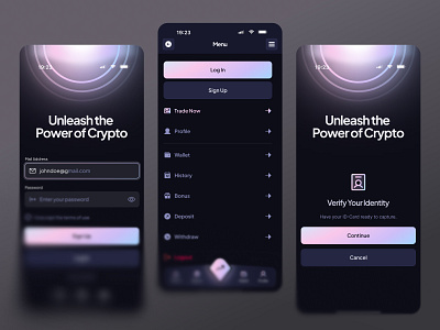 BinaryOpt | Login, Menu & Identity Verification Screens app ui binary options blockchain crypto app cryptocurrency dark fintech dark mobile app defi kyc kyc flow leveraged market mobile app onboarding stocks ui design ux design verification web3