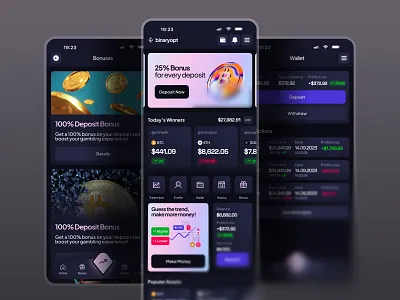 BinaryOpt | Crypto Trading App Home, Campaigns, Wallet Screens app home app ui binary options blockchain bonuses campaigns crypto crypto app cryptocurrency dark ui fintech mobile application mobile home mobile ui stocks trading ui ui design ux design wallet
