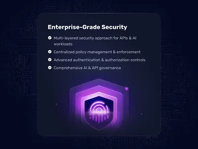 Enterprise-Grade Security ai api dark design enterprise feature card fingerprint governance illustration management marketing purple scan security shield traefik ui web