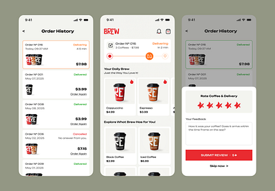 Order Delivery - Brew coffee coffee shop delivery e commerce order order history rating review ui