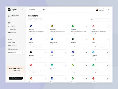 Zeplet - Integrations Dashboard UI Design app apps dashboard email email dashboard email marketing integration landingpage lead generation lead generation dashboard marketing dashboard saas ui web webui